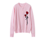 Cashmere Cardigan Rose Broderad Button Front Cashmere Stickad Tröja för kvinnor