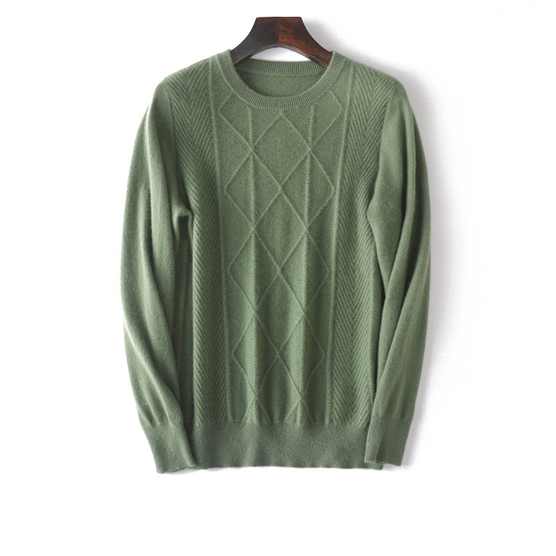 Mens diamantmönster Pure Cashmere Sweater Crew Neck Topps Ribbed Hem