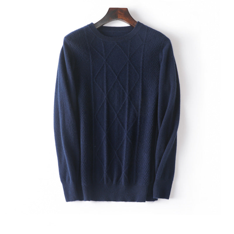 Mens diamantmönster Pure Cashmere Sweater Crew Neck Topps Ribbed Hem