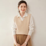 Womens Cashmere Sweater Cashmere Vest V Neck Cable Knit Sleeveless Pullover