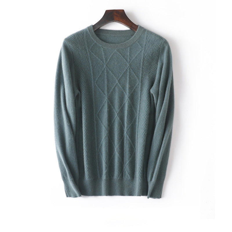 Mens diamantmönster Pure Cashmere Sweater Crew Neck Topps Ribbed Hem