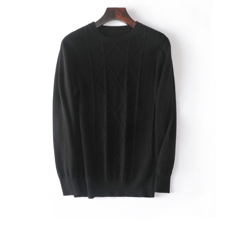 Mens diamantmönster Pure Cashmere Sweater Crew Neck Topps Ribbed Hem