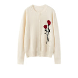 Cashmere Cardigan Rose Broderad Button Front Cashmere Stickad Tröja för kvinnor