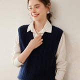 Womens Cashmere Sweater Cashmere Vest V Neck Cable Knit Sleeveless Pullover