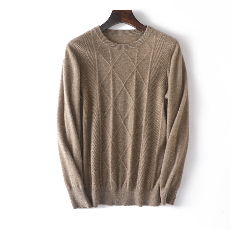 Mens diamantmönster Pure Cashmere Sweater Crew Neck Topps Ribbed Hem