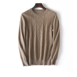 Mens diamantmönster Pure Cashmere Sweater Crew Neck Topps Ribbed Hem