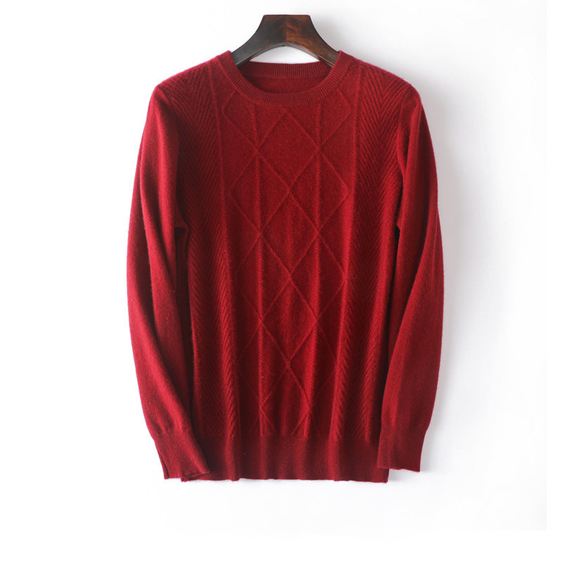 Mens diamantmönster Pure Cashmere Sweater Crew Neck Topps Ribbed Hem