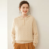 Damkabelstickad Cashmere Hooded Cashmere Henley tröja