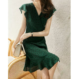 Womens Polka Dot Silk Wrap Dress V Neck Ruffle Sleeve Silk Midi Dress