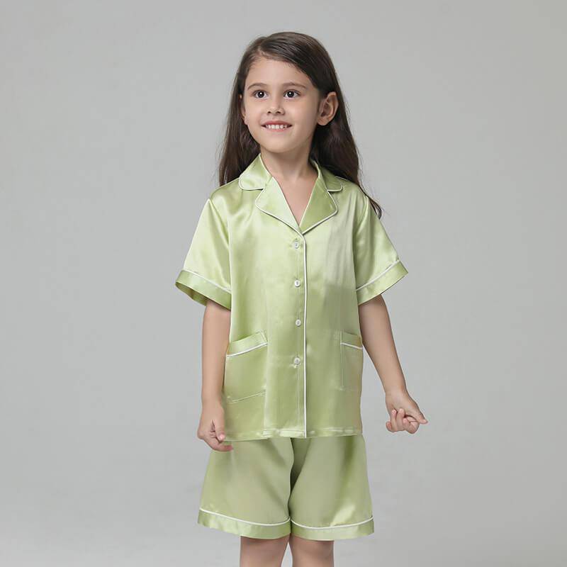 19 Momme Girls' Silk Pajamas Set with Trimming Kids Cute Silk Night Wear Shorts set -  slipintosoft