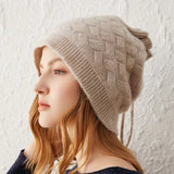 Cashmere Beanie Ribbed Edge with Drawstring Women Thick Cashmere Hats Solid Colors - slipintosoft