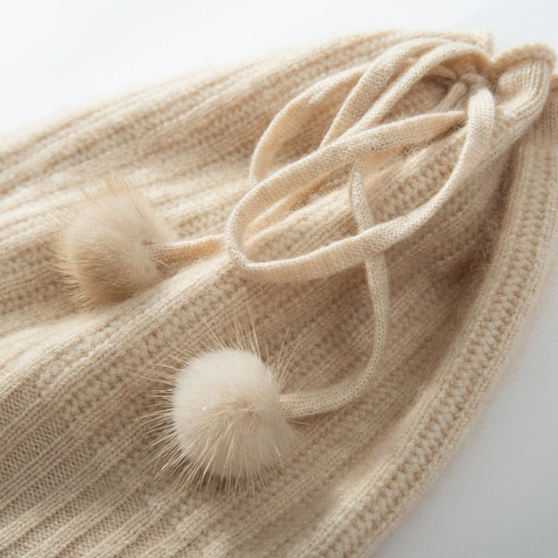 Cashmere Beanie with Fur Pom Thick Cashmere Ribbing Hats with Drawstring for Adult Cashmere Hats