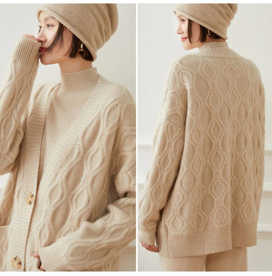 Ladies Cable Knit Cashmere Cardigan Front Pockets V Neck Cashmere Coat