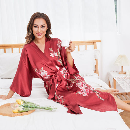 Cherry Blossom and Birds Print 100% Long Silk Kimono Robe