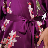 Cherry Blossom And Birds Print 100% Long Silk Kimono Robe - slipintosoft