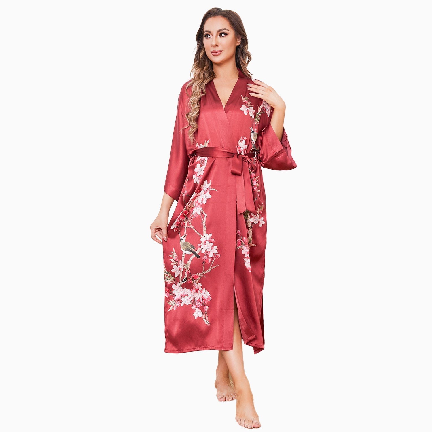 Cherry Blossom And Birds Print 100% Long Silk Kimono Robe - slipintosoft