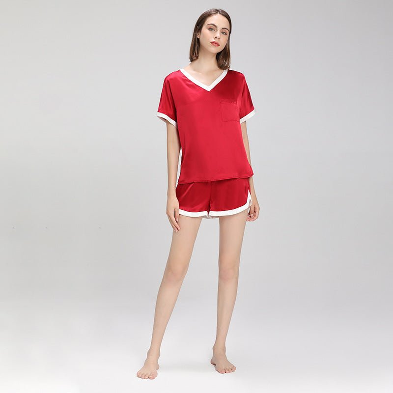 Contrast Color Short Sleeved Silk Pajama Set for Women Short Silk Sleepwear - slipintosoft