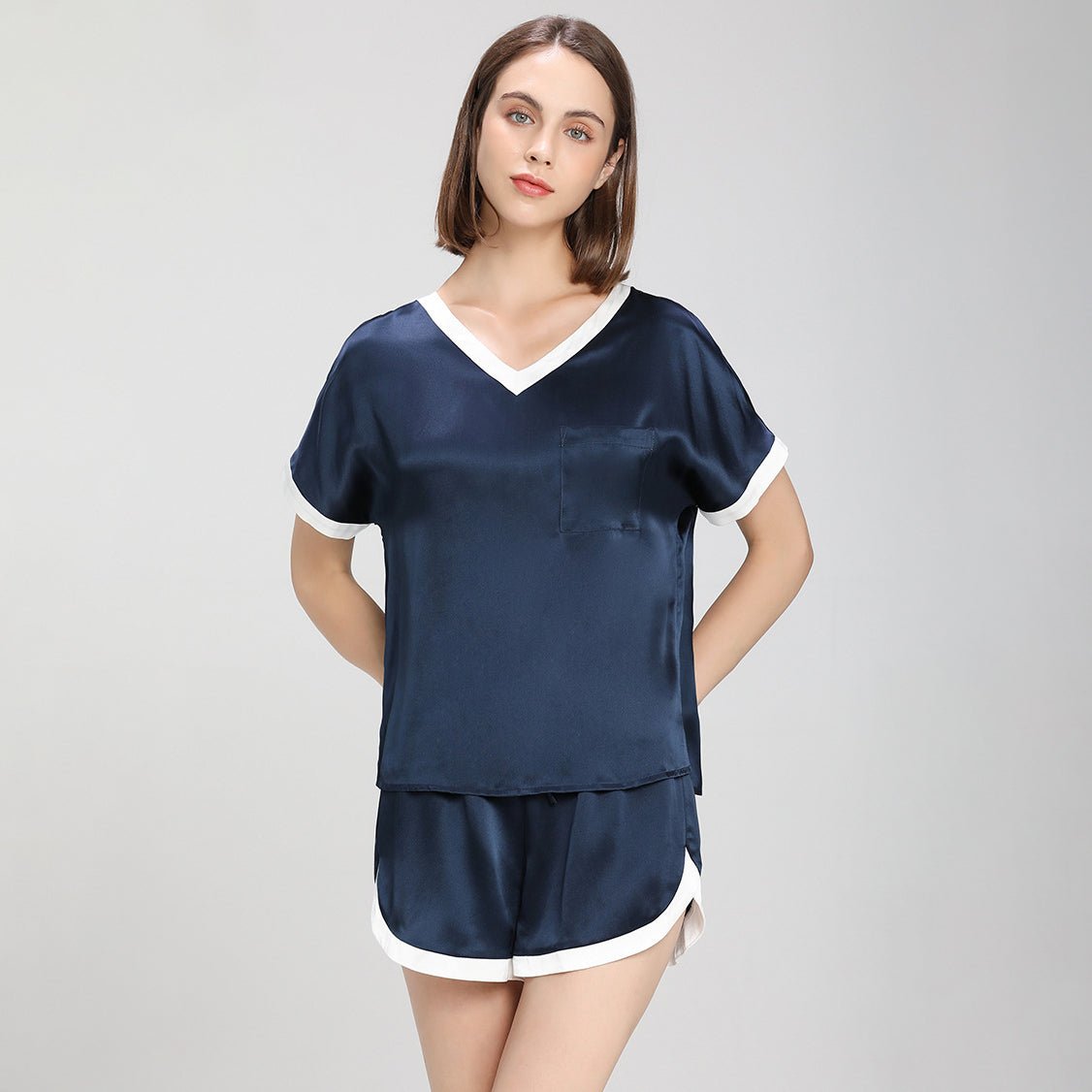 Contrast Color Short Sleeved Silk Pajama Set for Women Short Silk Sleepwear - slipintosoft