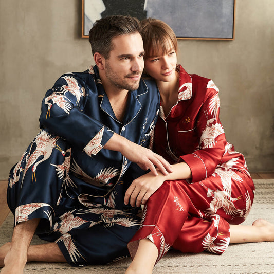 Long Crane Printed Silk Pajamas Set For Couples