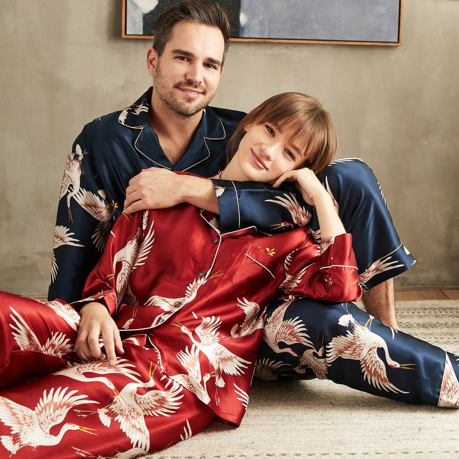 Luxury Printed Silk Pajamas Set For Couple Long Sleeves Sleepwear Silk Matching  Pajamas