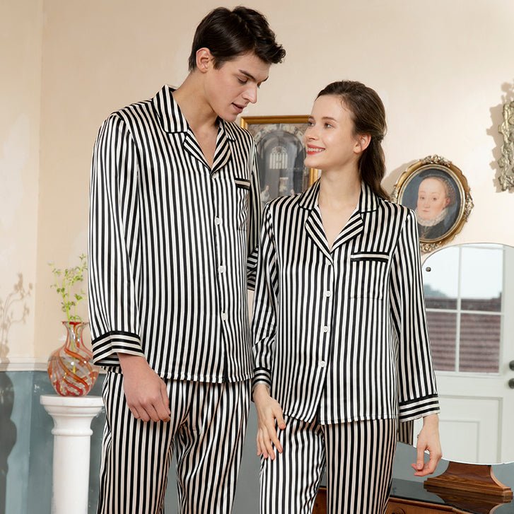 Par Silk Matchande Pyjamas Set Långrandiga Par sidensovkläder