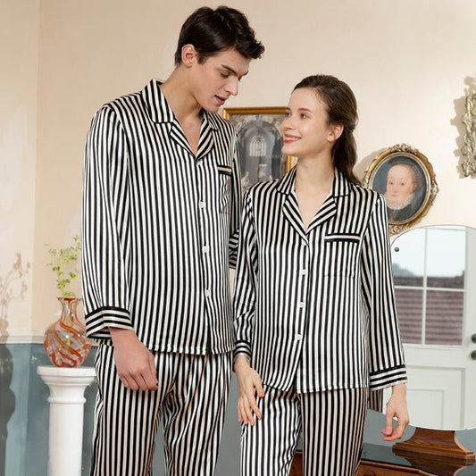 Matching Silk Pajamas Long Stripe Silk Pajama Set For Couples