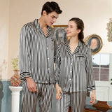 Par Silk Matching Pyjamas Sets Långrandiga Par sidensovkläder