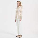 Elegant Womens Pearl Spänne Silk Blus Siden långärmad skjorta