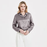 Elegant Womens Pearl Spänne Silk Blus Siden långärmad skjorta