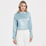 Elegant Womens Pearl Spänne Silk Blus Siden långärmad skjorta