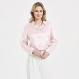 Elegant Womens Pearl Spänne Silk Blus Siden långärmad skjorta