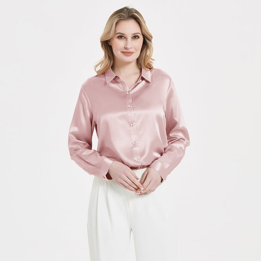 Elegant Womens Pearl Spänne Silk Blus Siden långärmad skjorta