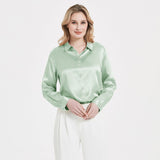 Elegant Womens Pearl Spänne Silk Blus Siden långärmad skjorta