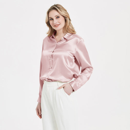 Elegant Womens Pearl Spänne Silk Blus Siden långärmad skjorta