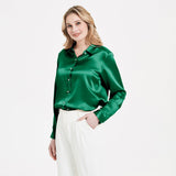 Elegant Womens Pearl Spänne Silk Blus Siden långärmad skjorta