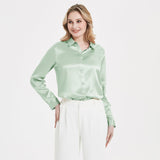 Elegant Womens Pearl Spänne Silk Blus Siden långärmad skjorta