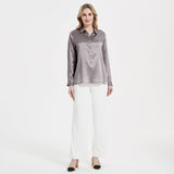 Elegant Womens Pearl Spänne Silk Blus Siden långärmad skjorta