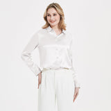 Elegant Womens Pearl Spänne Silk Blus Siden långärmad skjorta