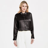 Elegant Womens Pearl Spänne Silk Blus Siden långärmad skjorta