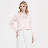 Elegant Womens Pearl Spänne Silk Blus Siden långärmad skjorta