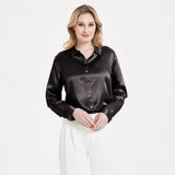 Elegant Womens Pearl Spänne Silk Blus Siden långärmad skjorta