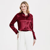 Elegant Womens Pearl Spänne Silk Blus Siden långärmad skjorta