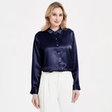 Elegant Womens Pearl Spänne Silk Blus Siden långärmad skjorta