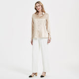 Elegant Womens Pearl Spänne Silk Blus Siden långärmad skjorta