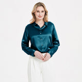 Elegant Womens Pearl Spänne Silk Blus Siden långärmad skjorta