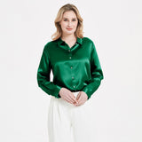 Elegant Womens Pearl Spänne Silk Blus Siden långärmad skjorta