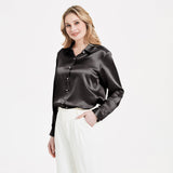 Elegant Womens Pearl Spänne Silk Blus Siden långärmad skjorta