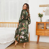 Olive Green Floral Print Silk Kimono Robes For Women