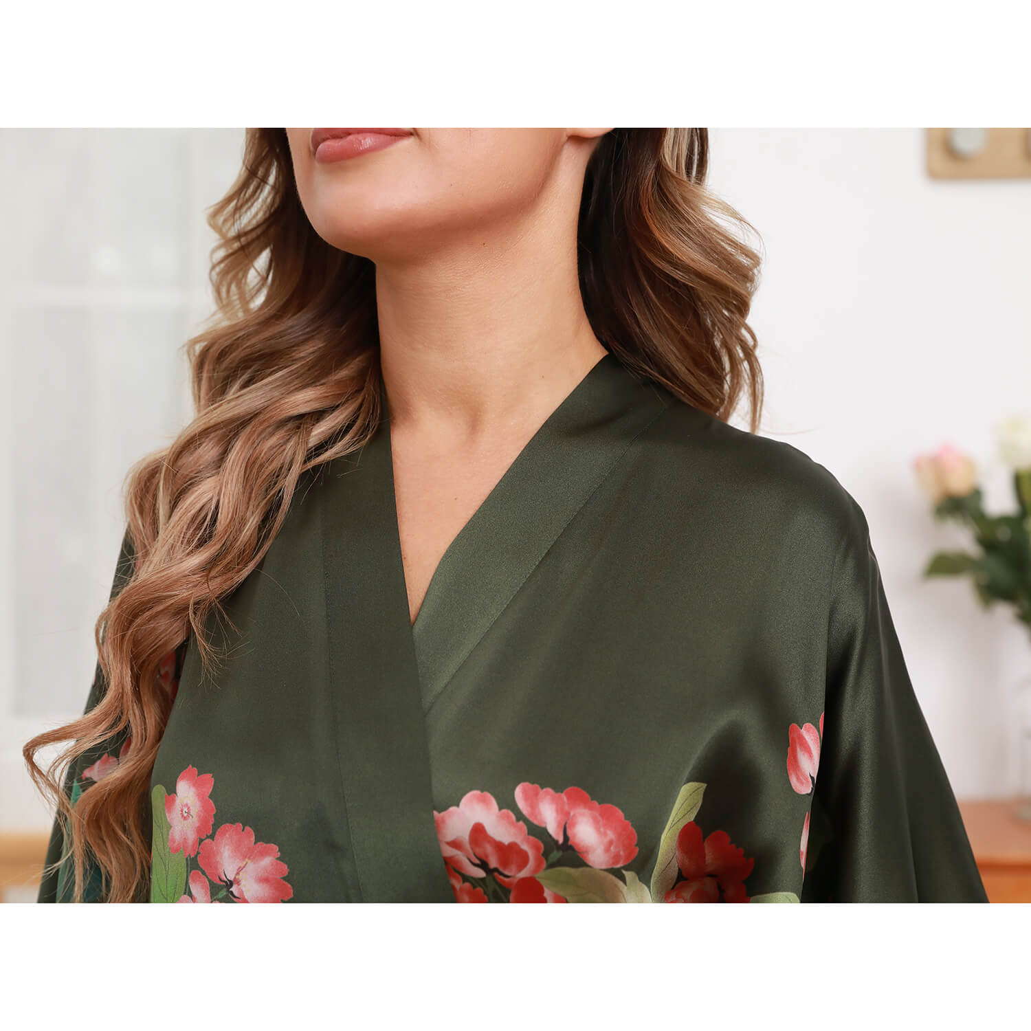 Olive Green Floral Print Silk Kimono Robes For Women