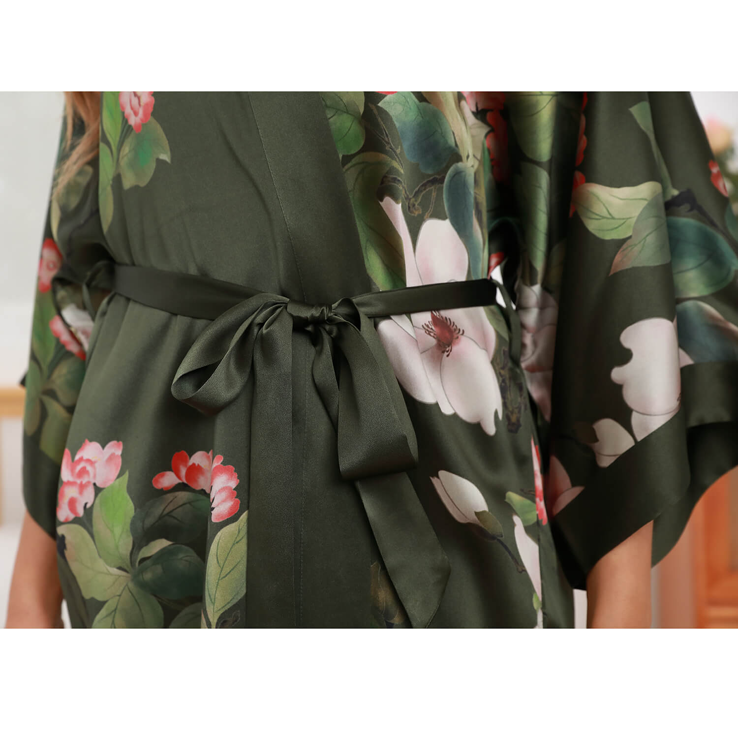 Olive Green Floral Print Silk Kimono Robes For Women